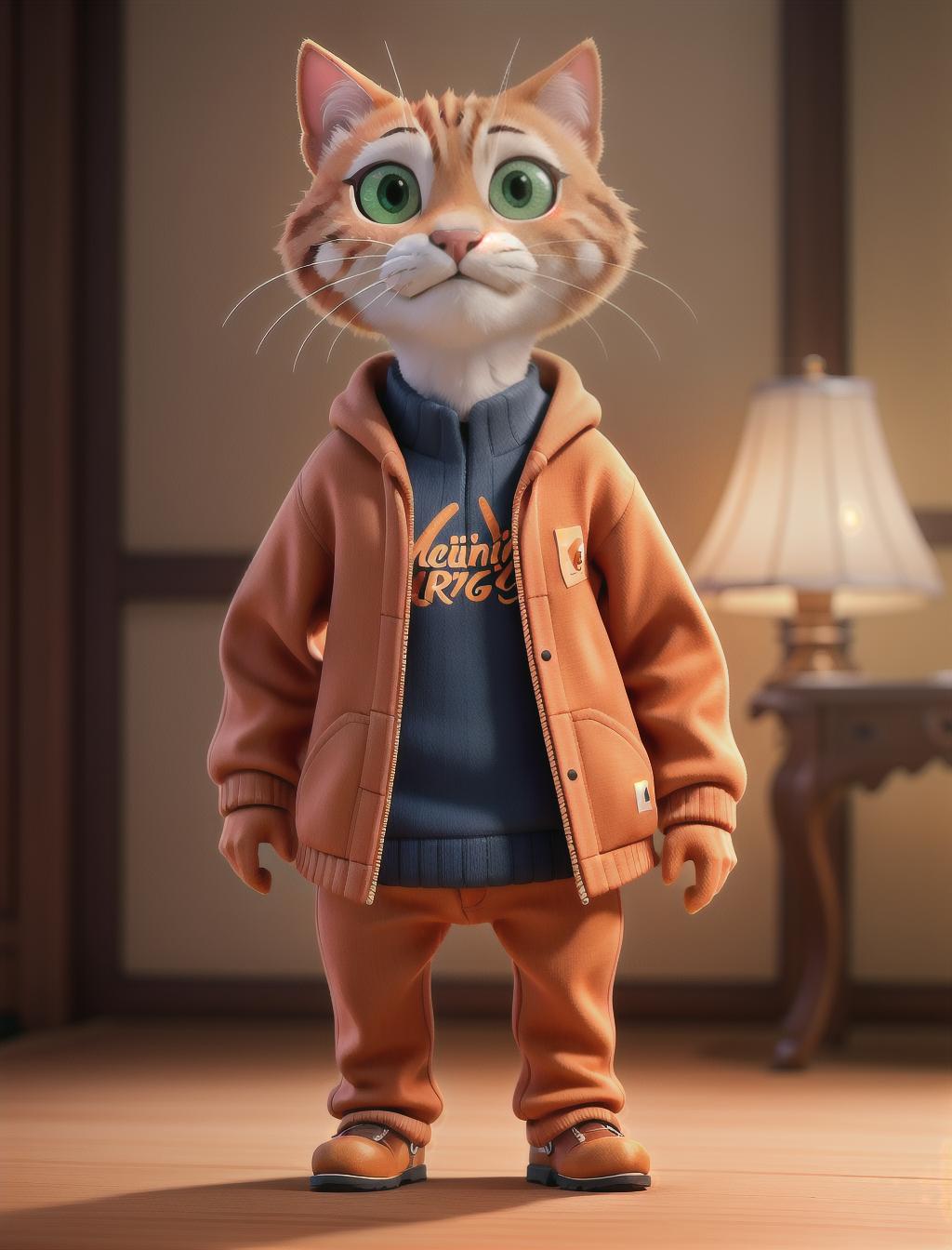  Orange cat wearing carhartt hyperrealistic, full body, detailed clothing, highly detailed, cinematic lighting, stunningly beautiful, intricate, sharp focus, f/1. 8, 85mm, (centered image composition), (professionally color graded), ((bright soft diffused light)), volumetric fog, trending on instagram, trending on tumblr, HDR 4K, 8K