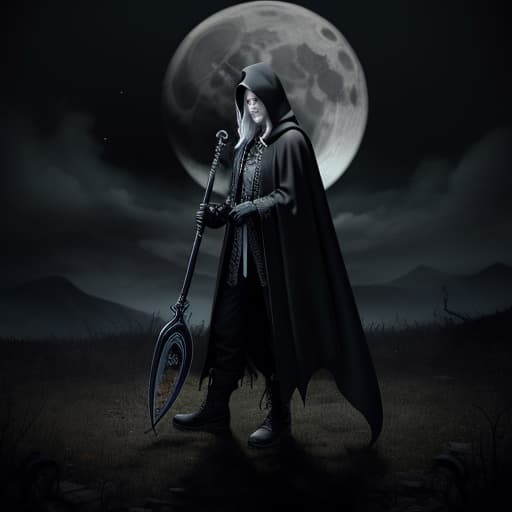  a full body photo shot of a scary and breathtaking image of a ((Man)) wearing a fully clothed casual witchy witch clothes with intricate details in the style of a reapers cloak, he is holding a long curved double edged ((scythe)). This full body image is a one of a kind unique highly detailed with 8k sharp focus quality masterpiece, horror theme, nightmare, ultra detailed, hyper focus, unreal engine, masterpiece, high rez, creepy, massive gore, massive blood, magically fused being, night sky with moon in the background , style of Tim Burton, stop motion animation, depth of field, cinematic composition, supernatural appearance, death like appearance, artistically drawn background, artistically drawn body, artistically drawn face, artisticall