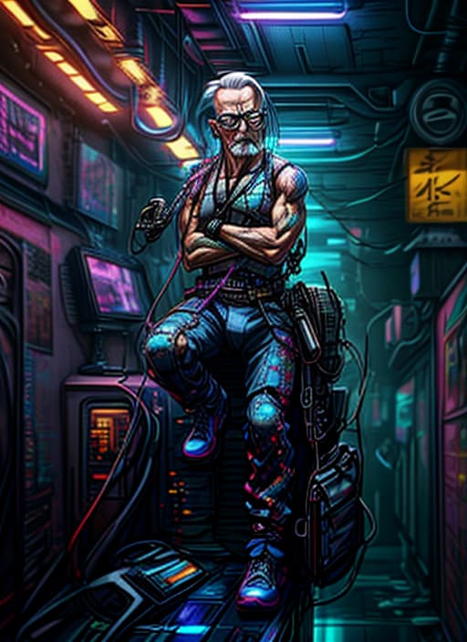  (Cyberpunk aesthetic), ultra high definition, (extremely detailed characters), (hyper realistic textures), advanced cybernetic enhancements, (neon drenched urban backdrop), (dramatic contrast lighting), (vibrant color palette), (meticulously designed outfits), (futuristic accessories), (dynamic poses), (expressive facial features), (4K ultra HD clarity), (8K resolution), (depth of field effect), (bokeh lighting effects), (professional composition), (artistic color grading), (soft shadowing), (ambient occlusion), (ray tracing reflections), (surreal atmosphere), (immersive environment), (signature cyberpunk elements), (innovative design), (cutting edge fashion), (photo realistic skin tones), (detailed texture mapping), (sophisticated lighting