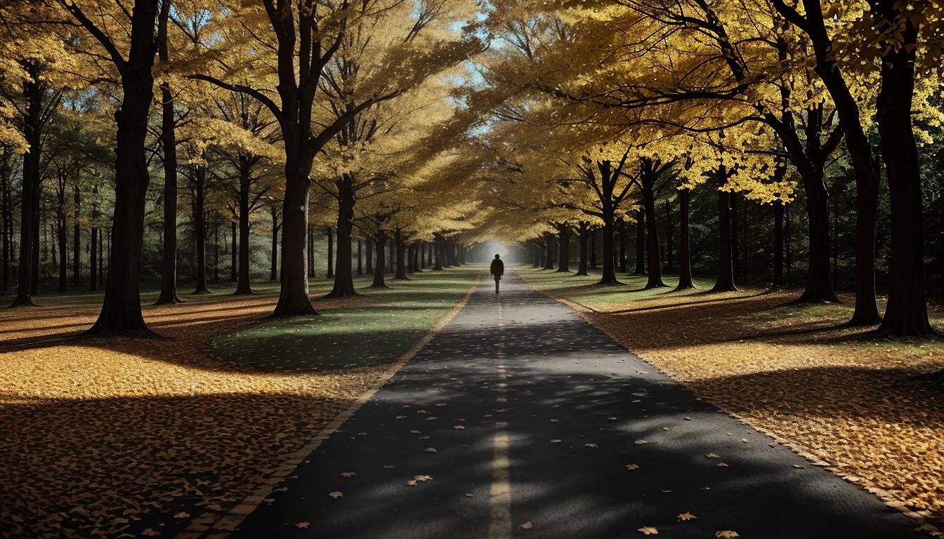  cinematic, aesthetic, A person walking on a winding path through nature, trees with golden leaves, sense of journey, introspection, 4k, HDR, lens flare