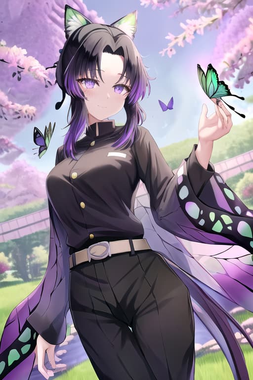  green eyes,black hair long hair,masterpiece, best quality, kochou shinobu, multicolored hair, no bangs, hair intakes, purple eyes, forehead, black shirt, black pants, haori, butterfly, buttons, belt,Cat women, nekopara, neko, fantastically detailed reflecting eyes, masterpiece, best quality, high quality, solo