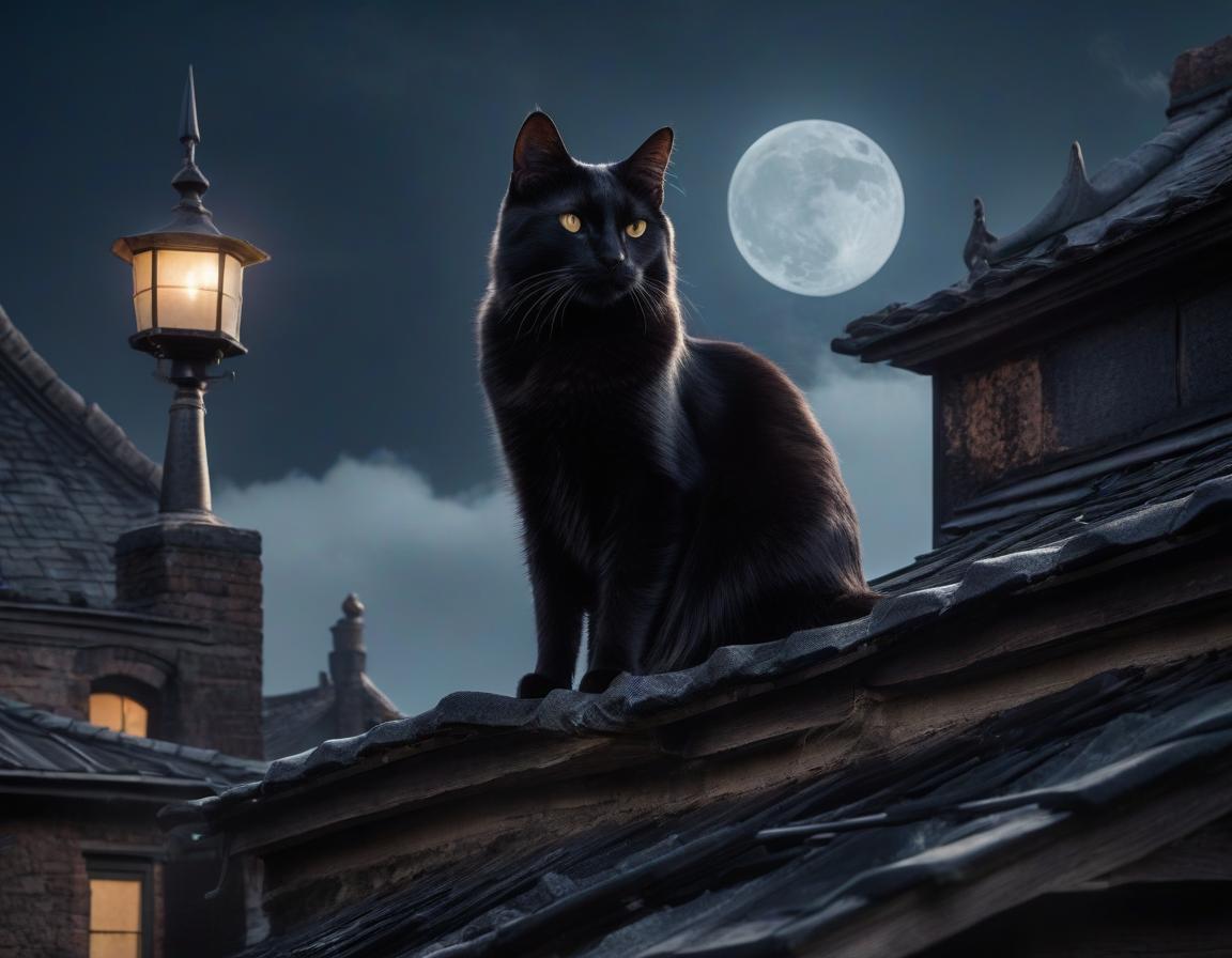  a black cat sneaks in the moonlight on the roof of an ancient house with a weather vane and a chimney, smoke, and many details hyperrealistic, full body, detailed clothing, highly detailed, cinematic lighting, stunningly beautiful, intricate, sharp focus, f/1. 8, 85mm, (centered image composition), (professionally color graded), ((bright soft diffused light)), volumetric fog, trending on instagram, trending on tumblr, HDR 4K, 8K