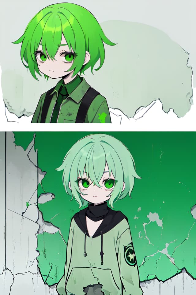  Green hair character that progresses forward, the background is decayed concrete wall