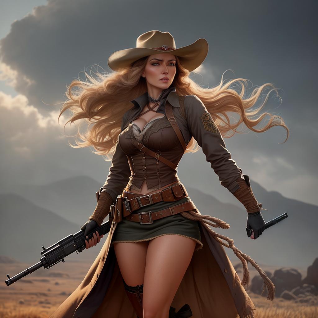  a tough western cowgirl full body, has been on the trail for days. She's tired, hungry, and her nerves are frayed. Suddenly, she hears a noise from behind her and instinctively reaches for her gun. As she turns to face her potential threat, the camera captures her in a classic Gil Elvgren pose::5, with her long hair blowing in the wind and her gun held confidently in her hand. full body, The photo is taken with the latest high-quality camera and lens, and edited in the style of Gil Elvgren, with rich, bold colors, color, The result is a stunning image that perfectly captures the spirit of the Wild West and your protagonist's strength and determination. hyperrealistic, full body, detailed clothing, highly detailed, cinematic lighting, stunningly beautiful, intricate, sharp focus, f/1. 8, 85mm, (centered image composition), (professionally color graded), ((bright soft diffused light)), volumetric fog, trending on instagram, trending on tumblr, HDR 4K, 8K