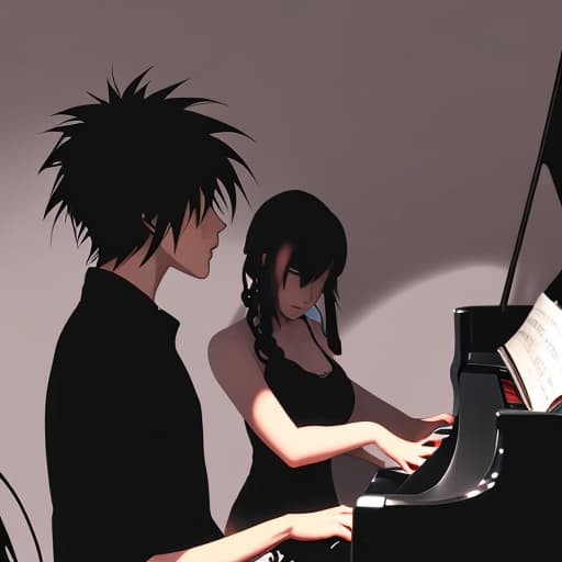  An anime boy playing piano in a dimly lit room with a girl beside his shadow