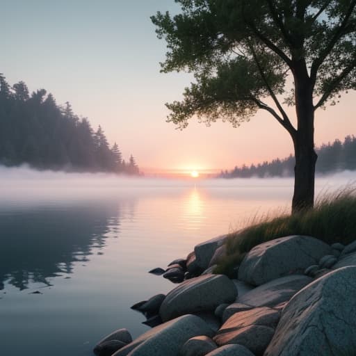  A peaceful lakeside scene at dawn, with mist rising from the water and pastel-colored skies. hyperrealistic, full body, detailed clothing, highly detailed, cinematic lighting, stunningly beautiful, intricate, sharp focus, f/1. 8, 85mm, (centered image composition), (professionally color graded), ((bright soft diffused light)), volumetric fog, trending on instagram, trending on tumblr, HDR 4K, 8K