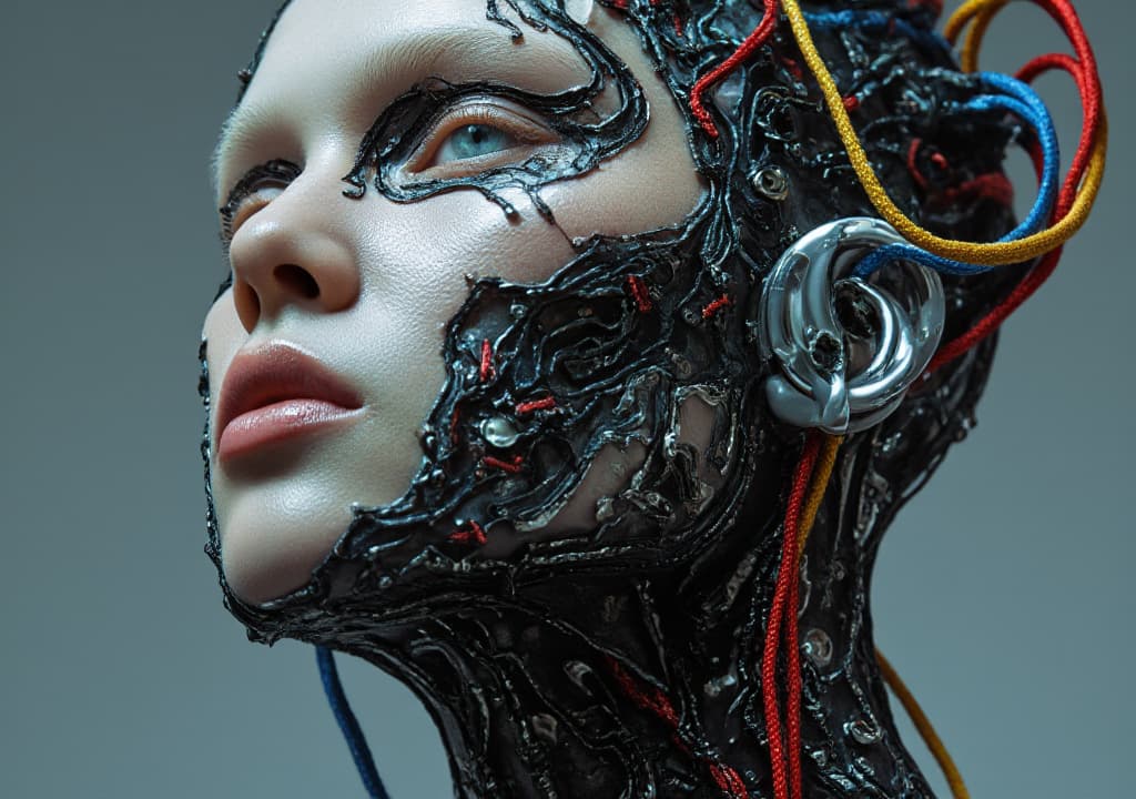  good quality, high quality, a hyper detailed close up of a futuristic humanoid with intricate wiring and circuits integrated into their face and neck | realistic and futuristic design | vivid colors with a focus on red, blue, and yellow wiring | photorealistic textures and glossy surfaces