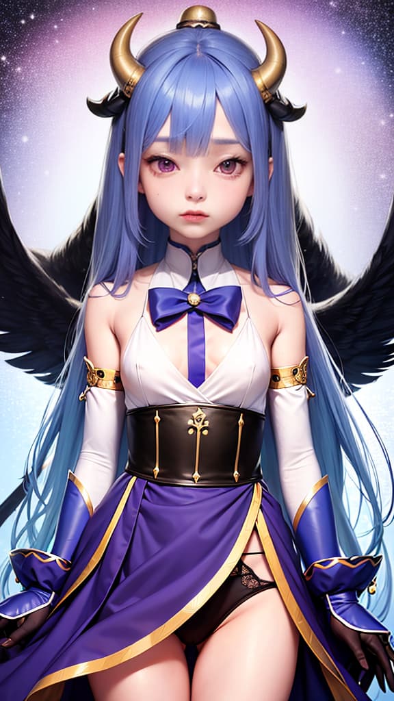  asia small , 1,ganyu_(genshin_impact),solo,blue_hair,s,long_hair,detached_sleeves,bell,horns,gloves,bare_shoulders,bangs,gold_trim,looking_at_viewer,purple_eyes,white_sleeves,sidelocks,ahoge,thighlet,black_gloves,white_flower,neck_bell,medium_s,