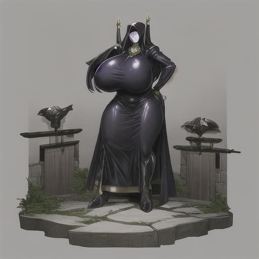  female cultist with huge; full body; in a dungeon