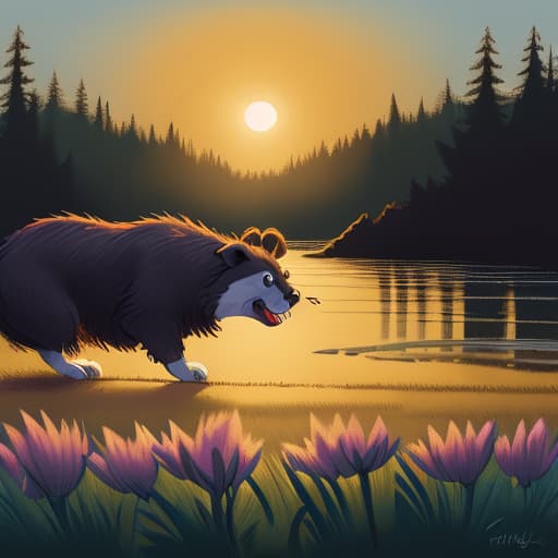  a bear is running through the field, forest, moolight, dangerous