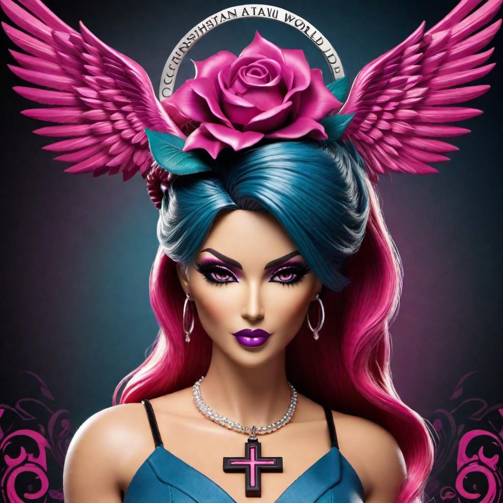  Create a brand logo for 'Christian World' themed dolls that combines elements of faith and edgy styles. The logo should feature vibrant colors, a stylized cross and possibly incorporate a pink Holy Bible, tattoos, and piercings. It should be youthful and resonate with a modern audience while maintaining a respectful tone towards the Christian faith. The design should work well on social media as well as on various merchandise. hyperrealistic, full body, detailed clothing, highly detailed, cinematic lighting, stunningly beautiful, intricate, sharp focus, f/1. 8, 85mm, (centered image composition), (professionally color graded), ((bright soft diffused light)), volumetric fog, trending on instagram, trending on tumblr, HDR 4K, 8K