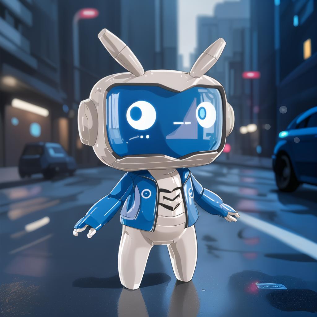  a white robot wears a blue jacket on the rain city street.,a clean and crisp anime illustration with bold outlines, smooth shading,cell shaded, crisp ,flat colors, and a minimalistic background.