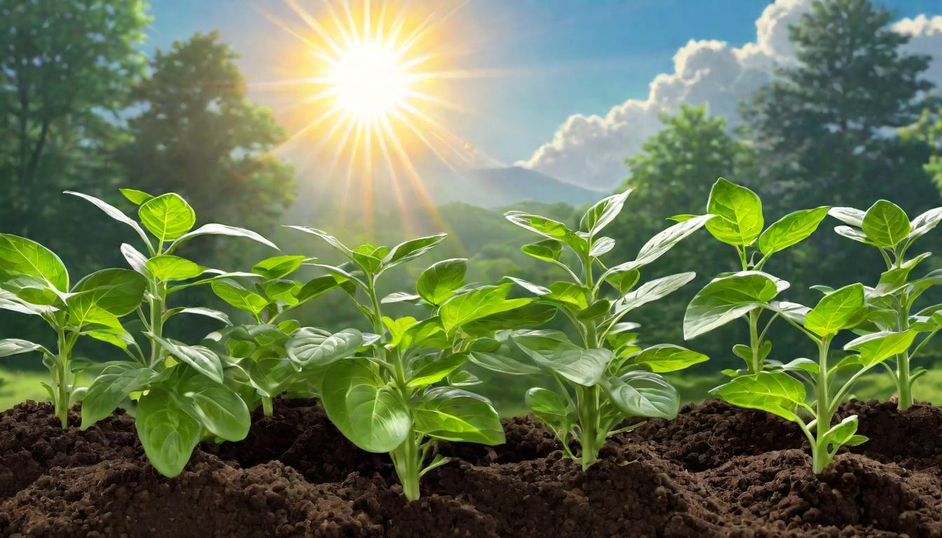  digital illustration, Seedlings sprouting from fertile soil under a nurturing sun, New growth, foundational work, promise of bountiful harvests, looking at viewer, dynamic pose, (intricate details, masterpiece, best quality)