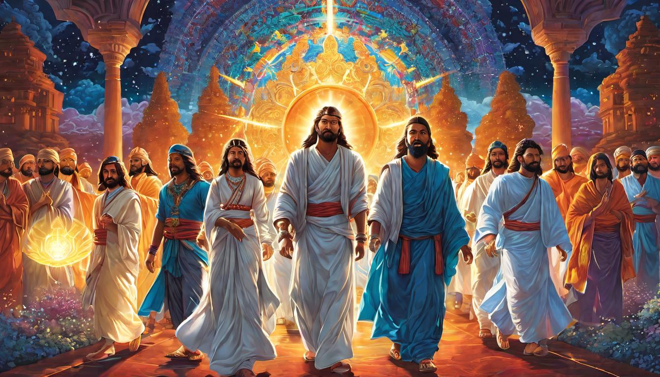  digital illustration, Uplifting consciousness, group of enlightened figures, ascending light path, unity, enlightening, collective, looking at viewer, dynamic pose, (intricate details, masterpiece, best quality)