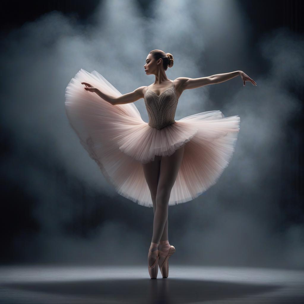  A ballerina does a plié, haze on a dark background hyperrealistic, full body, detailed clothing, highly detailed, cinematic lighting, stunningly beautiful, intricate, sharp focus, f/1. 8, 85mm, (centered image composition), (professionally color graded), ((bright soft diffused light)), volumetric fog, trending on instagram, trending on tumblr, HDR 4K, 8K