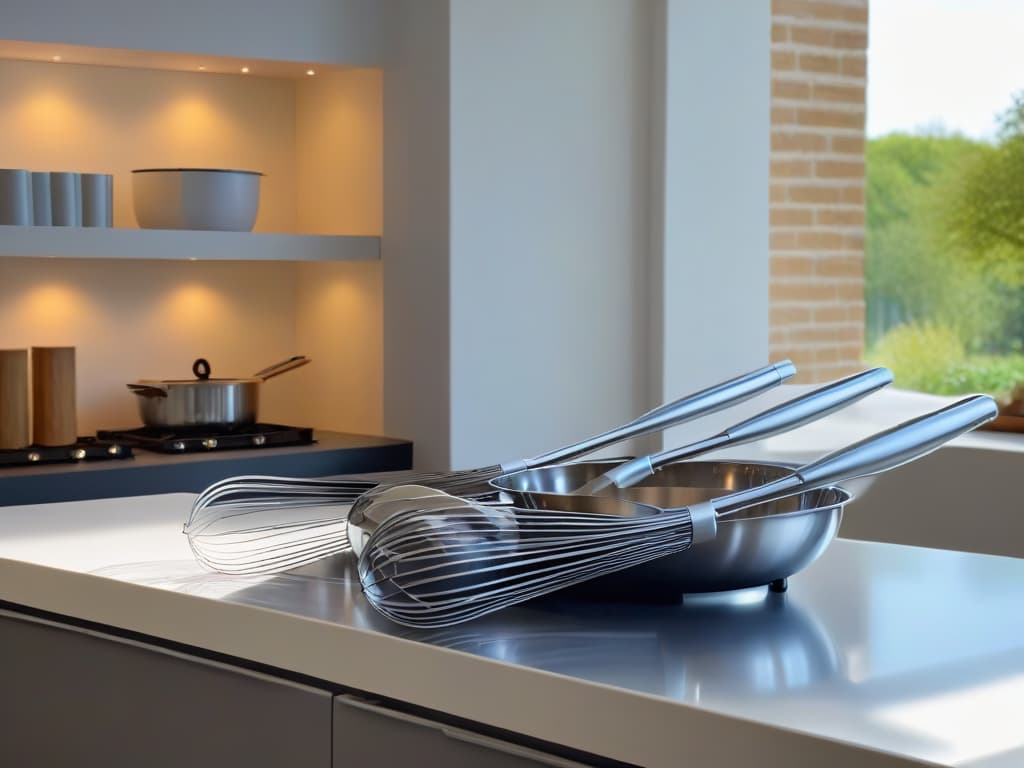  A photorealistic image showcasing a sleek, modern kitchen countertop adorned with an array of topoftheline electric whisks in various sizes and designs. The sunlight streams in through a nearby window, casting a soft, warm glow on the highquality stainless steel and ergonomic handles of the whisks. Each whisk is perfectly positioned, almost as if they are on display in a highend boutique, inviting the viewer to choose the best one for their baking endeavors. hyperrealistic, full body, detailed clothing, highly detailed, cinematic lighting, stunningly beautiful, intricate, sharp focus, f/1. 8, 85mm, (centered image composition), (professionally color graded), ((bright soft diffused light)), volumetric fog, trending on instagram, trending on tumblr, HDR 4K, 8K