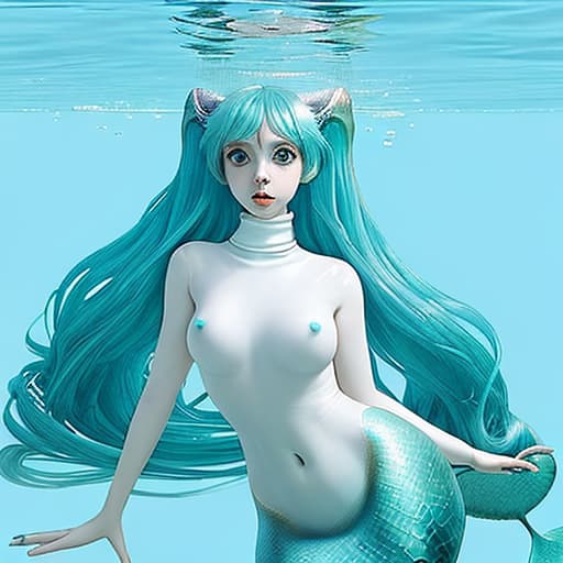  Beautiful fantasy girl who turned into underwater mermaid. subculture. one girl. big eyes. double ponytial. turtleneck. plain White Background. Miku Hatsune