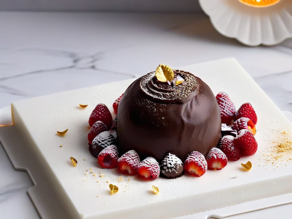  A closeup, ultradetailed image of a perfectly smooth and glossy chocolate truffle, dusted with a delicate shimmer of edible gold powder, resting on a marble surface. The truffle is intricately decorated with tiny flakes of dark chocolate and sits next to a scattering of fresh, ripe raspberries, enhancing the luxurious and professional aesthetic. The lighting is soft, highlighting the rich textures and decadent finish of the truffle, creating a visually striking and mouthwatering composition. hyperrealistic, full body, detailed clothing, highly detailed, cinematic lighting, stunningly beautiful, intricate, sharp focus, f/1. 8, 85mm, (centered image composition), (professionally color graded), ((bright soft diffused light)), volumetric fog, trending on instagram, trending on tumblr, HDR 4K, 8K