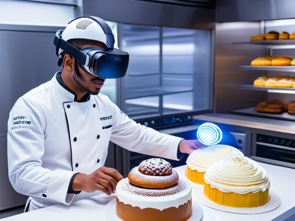  A photorealistic image showcasing a futuristic virtual reality kitchen specifically designed for creative pastry making. The kitchen is equipped with advanced VR headsets, interactive holographic displays, and hightech baking tools. A skilled pastry chef is seen wearing the VR headset, immersed in a vibrant virtual environment, sculpting intricate sugar decorations with precision and focus. The scene conveys a sense of innovation, creativity, and the seamless integration of technology in the art of pastry making. hyperrealistic, full body, detailed clothing, highly detailed, cinematic lighting, stunningly beautiful, intricate, sharp focus, f/1. 8, 85mm, (centered image composition), (professionally color graded), ((bright soft diffused light)), volumetric fog, trending on instagram, trending on tumblr, HDR 4K, 8K