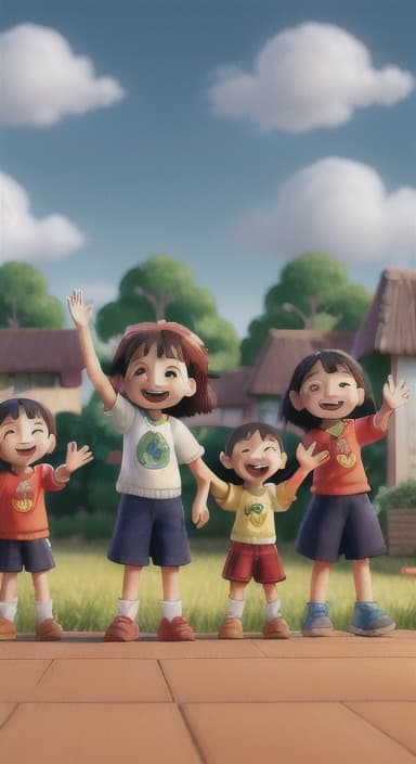  {A heartwarming scene of all the children waving goodbye with happy expressions., Children waving with wide smiles, looking grateful and content.