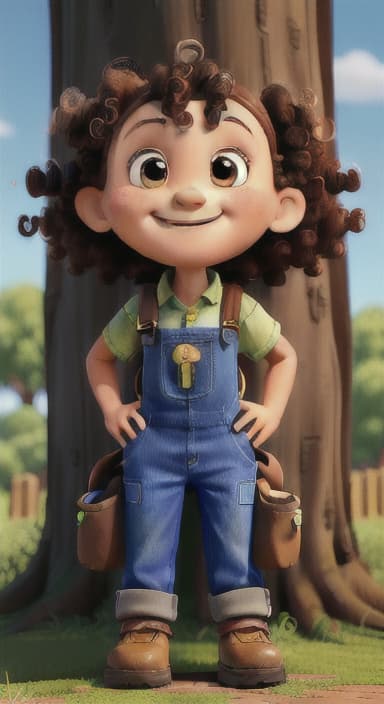  {The tree with a smiling face formed by its bark, looking down at Riley., Riley, a curious with big brown eyes and curly hair, wearing overalls and carrying a small backpack. Their friend, Skye, a bluebird with shiny feathers.