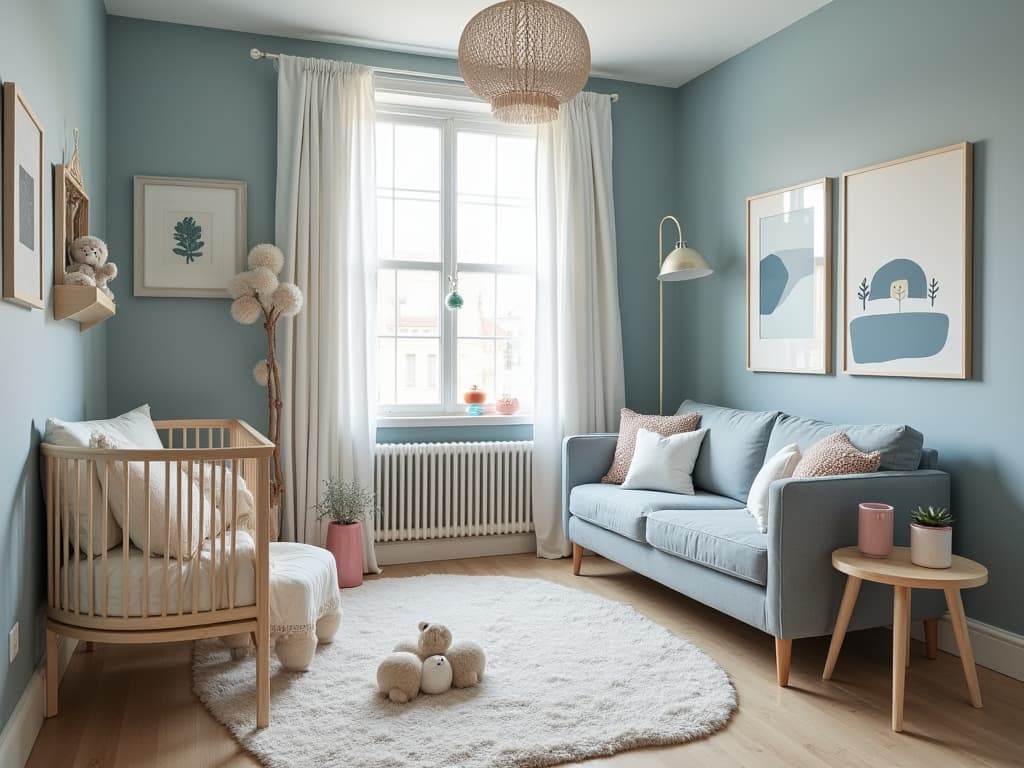  this editorial photography showcases a scandinavian style 's room, defined by simplicity, functionality, clean lines, and muted tones, creating a warm and inviting atmosphere. the color scheme introduces a vint indigo hue (rgb: 75, 0, 130) as the color, adding depth and vincy to the image. the room is furnished with stylish yet affordable pieces including a cradle and a nursing rocking sofa, complemented by girl toys, all provided by a renowned vendor known for their home and office furniture.