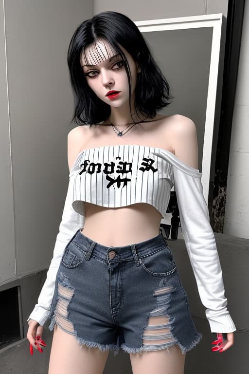  Generate a old . She’s thin, pale, dark black hair that’s short and wavy up to her shoulders, she has an X like scar under her eye and she’s wearing a short black crop top with long sleeves and baggy blue ripped jeans and black shoes with long white nails