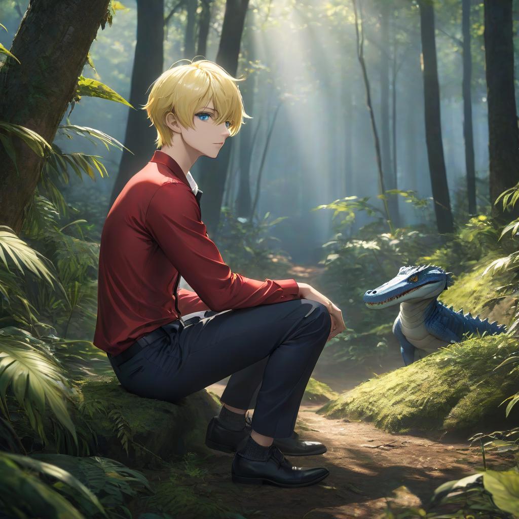  Anime guy mafia, in trousers, red shirt, blue eyes, yellow white short hair, sitting, tail, crocodiles, in the forest without people hyperrealistic, full body, detailed clothing, highly detailed, cinematic lighting, stunningly beautiful, intricate, sharp focus, f/1. 8, 85mm, (centered image composition), (professionally color graded), ((bright soft diffused light)), volumetric fog, trending on instagram, trending on tumblr, HDR 4K, 8K