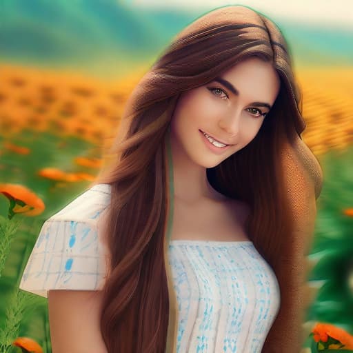  A stunning young , long brown hair, emerald eyes, radiant smile, amidst a vint flower field, sunlit backdrop.