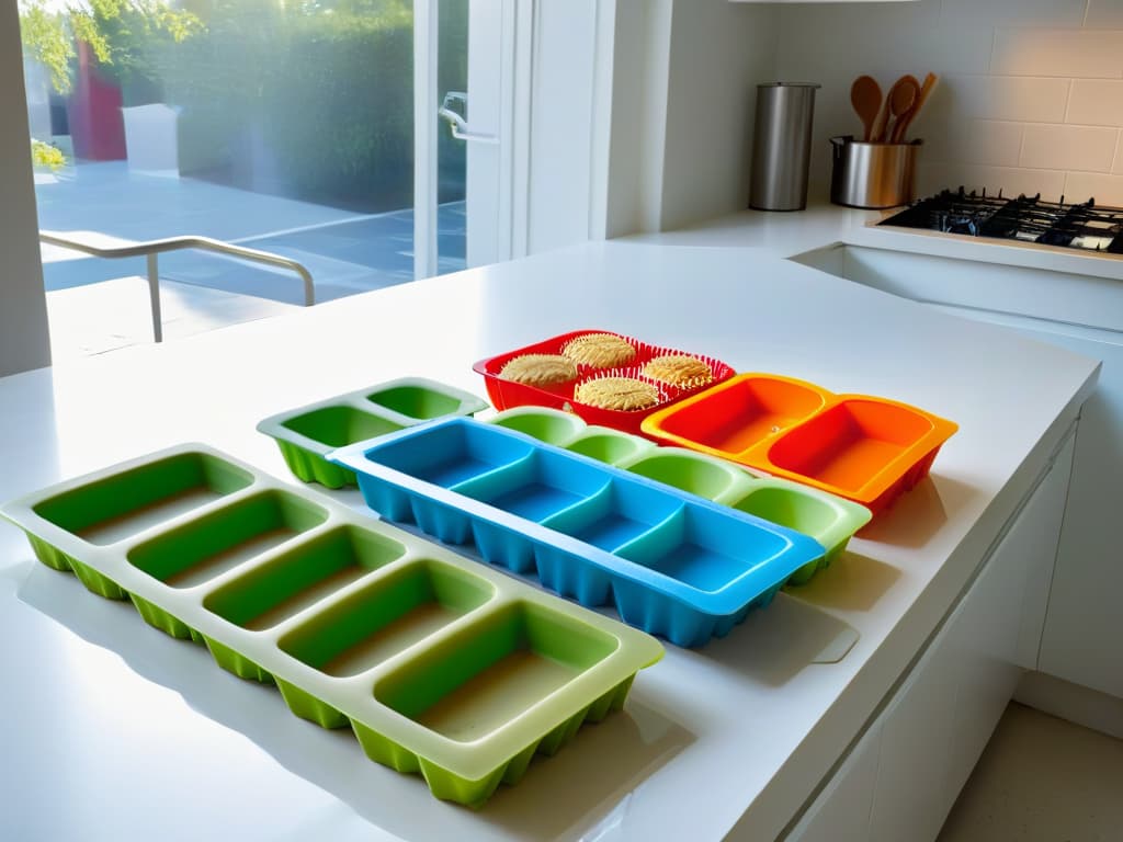  A highresolution image of a sleek, modern kitchen counter adorned with an array of vibrant, uniquely shaped silicone baking molds neatly arranged in a row. The sunlight streaming in through a nearby window highlights the intricate details and bright colors of the molds, casting soft shadows on the pristine white countertop. Each mold exudes a sense of innovation and versatility, enticing the viewer with the promise of creative culinary possibilities. hyperrealistic, full body, detailed clothing, highly detailed, cinematic lighting, stunningly beautiful, intricate, sharp focus, f/1. 8, 85mm, (centered image composition), (professionally color graded), ((bright soft diffused light)), volumetric fog, trending on instagram, trending on tumblr, HDR 4K, 8K