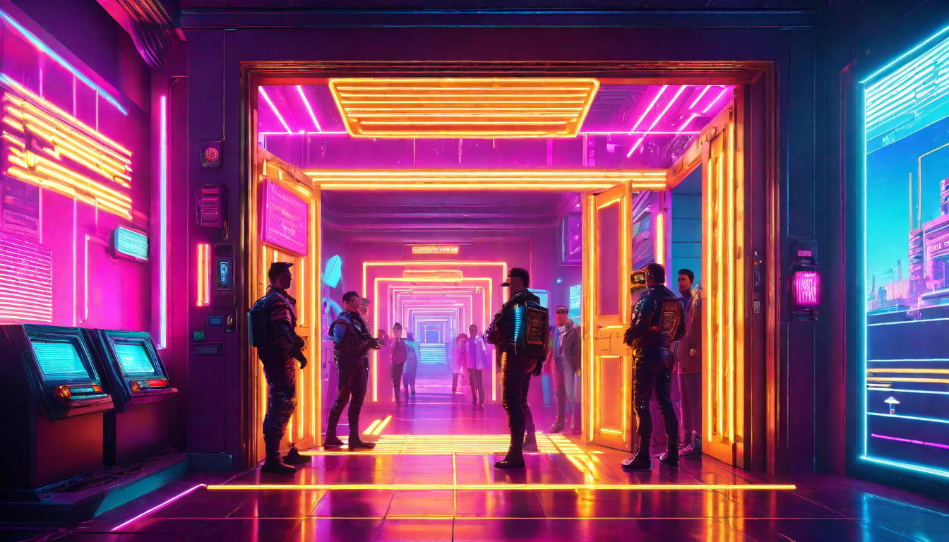  vaporwave,cyberpunk game style A doorway filled with golden light, inviting people into a room where a warm gathering takes place, Welcoming, magnetic, heartwarming.eon, dystopian, futuristic, digital, vibrant, detailed, high contrast, reminiscent of cyberpunk genre video games,retro aesthetic, cyberpunk, vibrant, neon colors, vintage 80s and 90s style, highly detailed