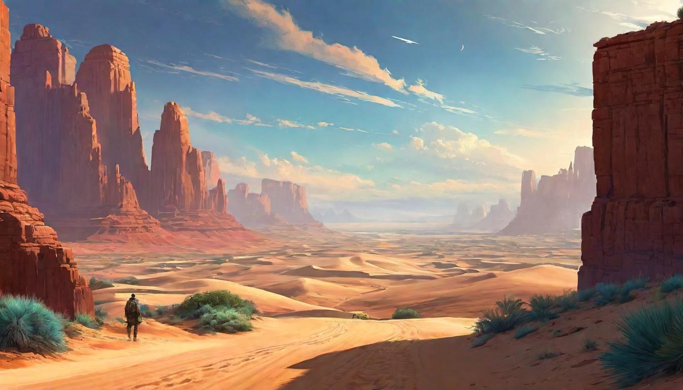  digital painting of A forked path through a desert landscape, leading to divergent visions of cities on the horizon. Choice, divergence, spectral cities embodying different futures, contemplative, vast looking at viewer, dynamic pose, (intricate details, masterpiece, best quality)