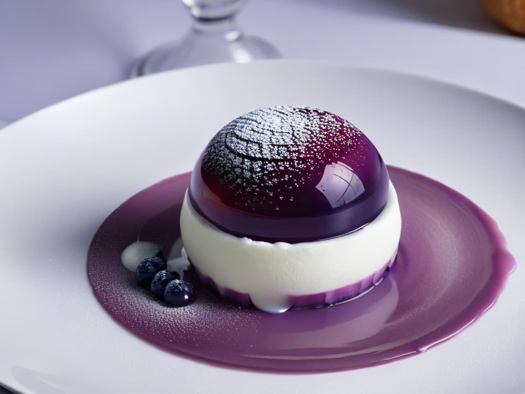  A closeup, ultradetailed image of a spherical dessert plated elegantly on a sleek, white dish. The dessert is a translucent sphere filled with vibrant, exotic purple liquid that glistens under soft, diffused light. The background fades into a subtle gradient, emphasizing the dessert's intricate details and the play of light and shadows on its surface. The minimalistic composition highlights the elegance and sophistication of molecular gastronomy in a visually captivating manner. hyperrealistic, full body, detailed clothing, highly detailed, cinematic lighting, stunningly beautiful, intricate, sharp focus, f/1. 8, 85mm, (centered image composition), (professionally color graded), ((bright soft diffused light)), volumetric fog, trending on instagram, trending on tumblr, HDR 4K, 8K