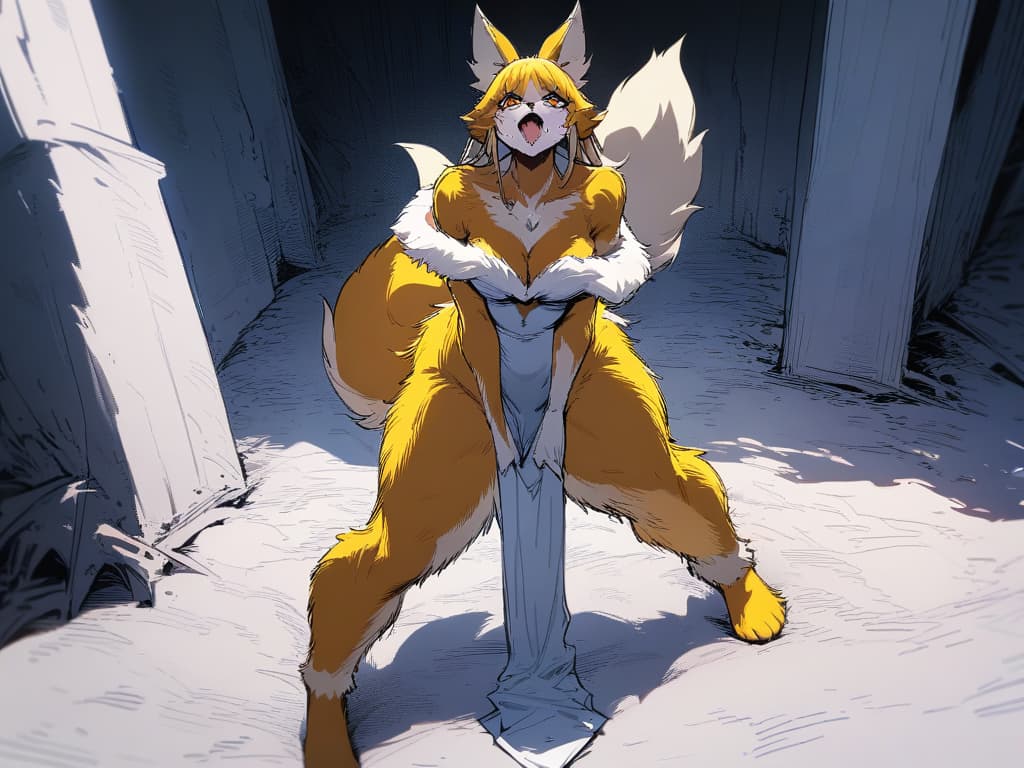  (solo,face focus,foot close up,full body),(sense of happy,movement,motion line:1.2),(cloudy sky,outdoor) BREAK furry female,fox girl,(very skinny,very tall),[yellow eyes,crying up],fox ears,floppy ears,fox tail,animal nose,animal hands,gloves,(two tone fur,yellow fur,white fur,body fur,neck fur:1.3),(nontraditional wedding dress,off shoulder dress,bridal veil:1.3),(standing,looking at viewer,looking up,incoming kick:1.5),(((convenient leg,arm,tail))) BREAK (absurdres,highres,superlative),((high texture)),((high contrast)),(top quality,masterpiece),, masterpiece, best quality,8k,ultra detailed,high resolution,an extremely delicate and beautiful,hyper detail