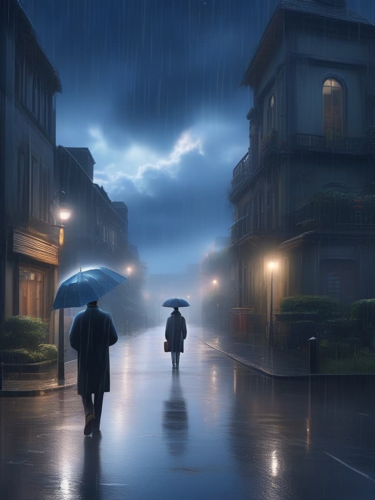  The background is urban town, building group, the sky is rainy, a little star is visible, a young man is walking alone, without an umbrella,, masterpiece, best quality,8k,ultra detailed,high resolution,an extremely delicate and beautiful,hyper detail