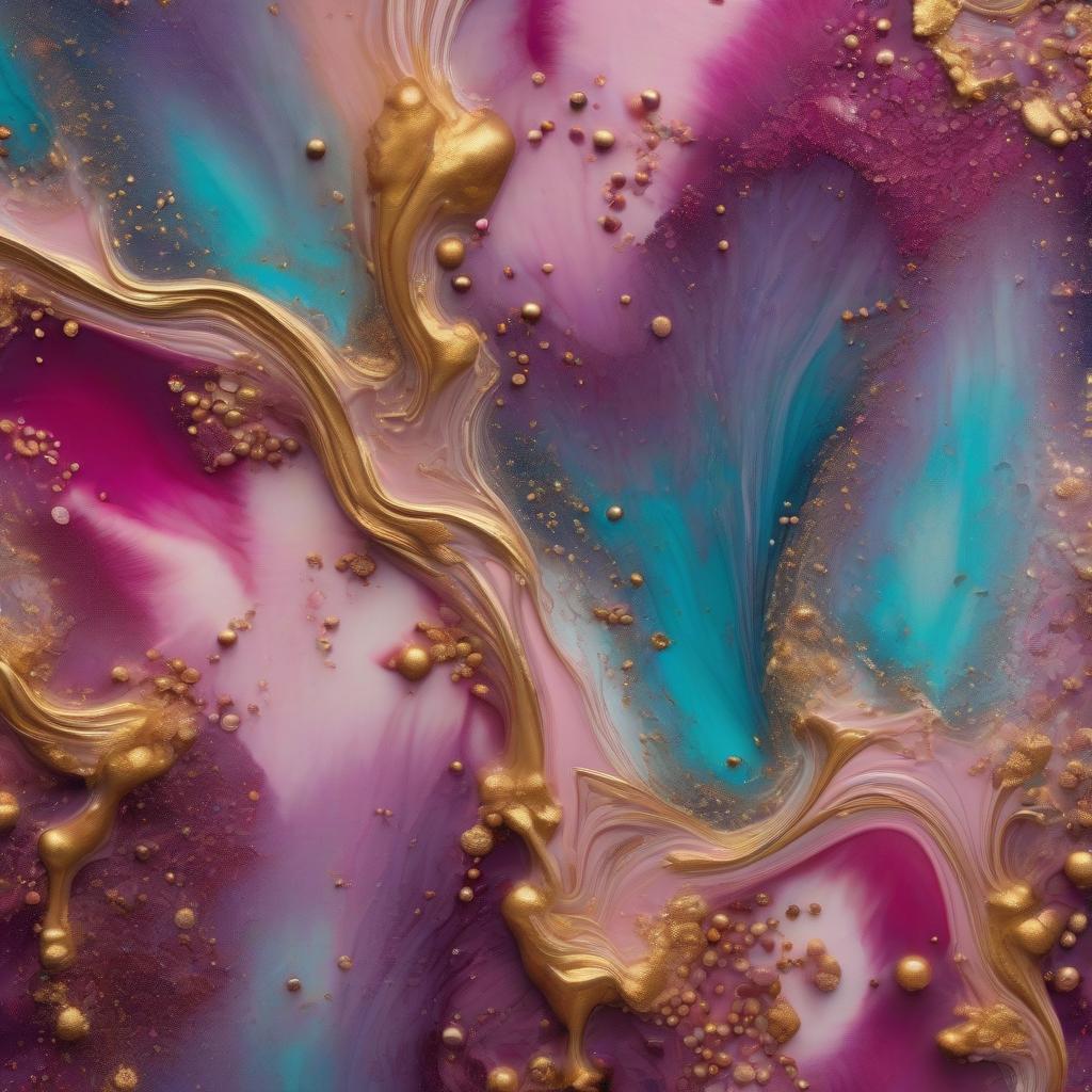  A painting of abstraction from epoxy resin with pink, purple, turquoise, and magenta colors...The paints are mixed in a whimsical pattern, on the canvas there are golden strokes and glass beads. hyperrealistic, full body, detailed clothing, highly detailed, cinematic lighting, stunningly beautiful, intricate, sharp focus, f/1. 8, 85mm, (centered image composition), (professionally color graded), ((bright soft diffused light)), volumetric fog, trending on instagram, trending on tumblr, HDR 4K, 8K