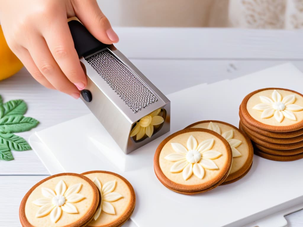  An intricately designed cookie press tool made of stainless steel with a sleek ergonomic handle, featuring a variety of interchangeable pattern discs showcasing detailed geometric shapes and floral motifs. The tool is shown in a closeup shot, highlighting the precision of the designs and the professional quality of the craftsmanship. The background is softly blurred to emphasize the intricate textures and polished finish of the cookie press. hyperrealistic, full body, detailed clothing, highly detailed, cinematic lighting, stunningly beautiful, intricate, sharp focus, f/1. 8, 85mm, (centered image composition), (professionally color graded), ((bright soft diffused light)), volumetric fog, trending on instagram, trending on tumblr, HDR 4K, 8K