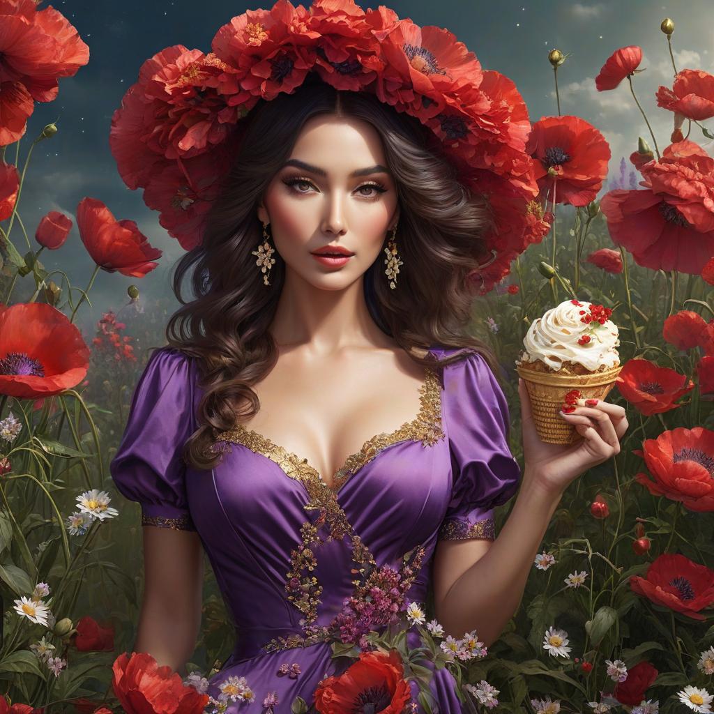  Ice cream. A field of red poppies, daisies. OZ. Realism. Beauty, mystery. Starry night sky. Beautiful glass tumbler. Highly detailed, highly detailed, highly detailed image and all details. ((Sparkling rim)): spring field, hyacinths, roses, rosehips, rose hips, peonies, cherry tree, black flowers. Nature in the background. Luxury, richness. High quality. Swarovski. Rococco. A golden gun in her hands. Purple dress, fitted dress. On her fingers a gold solid with a fillet stone. A purple hat on his head. A purple hat on his head. Alfonso Mucha, Honoré Fargonard. Beautiful twisted arbor wrapped in flowers, sunlight, green plants, black arbor. Girl. Summer. Beautiful girl. Field, hyacinths, roses, rosehips, rose hips, peonies, cherry tree, yell hyperrealistic, full body, detailed clothing, highly detailed, cinematic lighting, stunningly beautiful, intricate, sharp focus, f/1. 8, 85mm, (centered image composition), (professionally color graded), ((bright soft diffused light)), volumetric fog, trending on instagram, trending on tumblr, HDR 4K, 8K