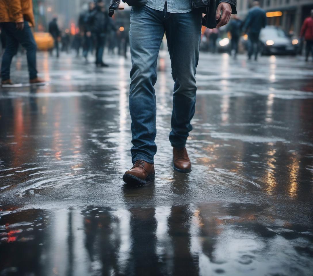  A man wearing jeans walks through the puddles in the city. hyperrealistic, full body, detailed clothing, highly detailed, cinematic lighting, stunningly beautiful, intricate, sharp focus, f/1. 8, 85mm, (centered image composition), (professionally color graded), ((bright soft diffused light)), volumetric fog, trending on instagram, trending on tumblr, HDR 4K, 8K