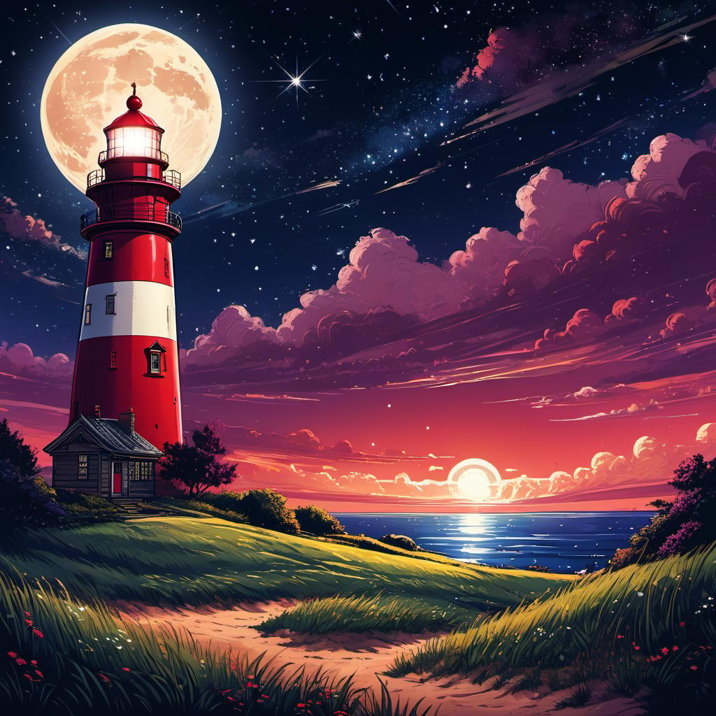  Grasslands with Red-white lighthouse starry sky, clouds, vivid, highly detailed, anime style, hand-drawn, combined with digital art, night, whimsical, (enchanting atmosphere:1.1), warm lighting , depth of field, Wacom Cintiq, Adobe Photoshop, 300 DPI, (hdr:1.2), dark perple shadows