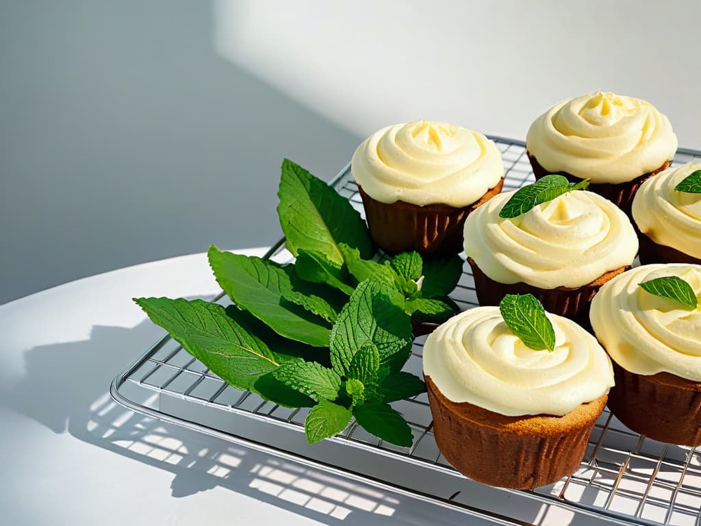  A minimalist image of a pristine white kitchen countertop adorned with a row of freshly baked, goldenbrown muffins cooling on a wire rack. Each muffin is topped with a vibrant green leaf of mint, adding a pop of color and a touch of freshness to the scene. Sunlight streams in through a nearby window, casting soft shadows on the immaculate surface and emphasizing the natural, ecofriendly theme of the article. hyperrealistic, full body, detailed clothing, highly detailed, cinematic lighting, stunningly beautiful, intricate, sharp focus, f/1. 8, 85mm, (centered image composition), (professionally color graded), ((bright soft diffused light)), volumetric fog, trending on instagram, trending on tumblr, HDR 4K, 8K