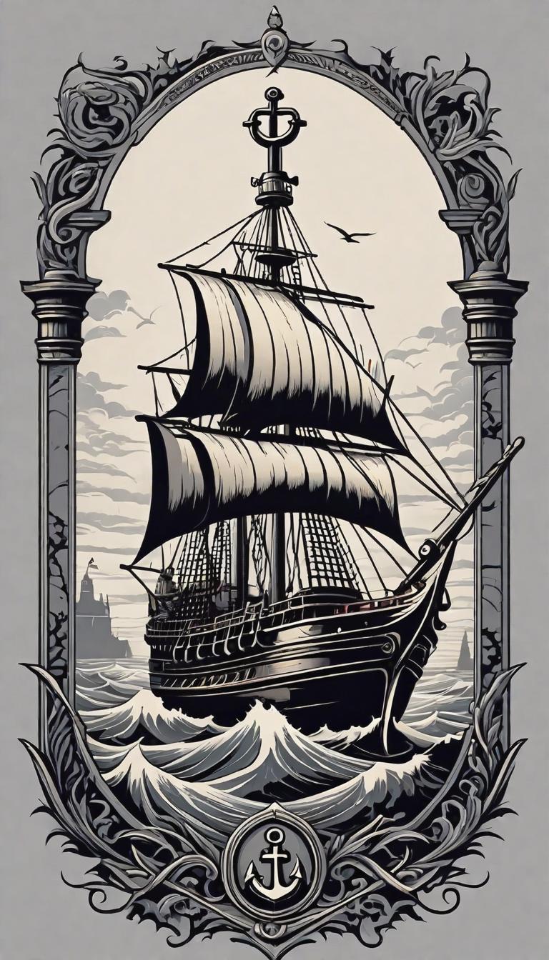  gothic style depiction of a nautical scene with an anchor and a ship. Simple, powerful, black or grey lines on a light, solid color background. . dark, mysterious, haunting, dramatic, ornate, detailed, hyperrealistic, full body, detailed clothing, highly detailed, cinematic lighting, stunningly beautiful, intricate, sharp focus, f/1. 8, 85mm, (centered image composition), (professionally color graded), ((bright soft diffused light)), volumetric fog, trending on instagram, trending on tumblr, HDR 4K, 8K