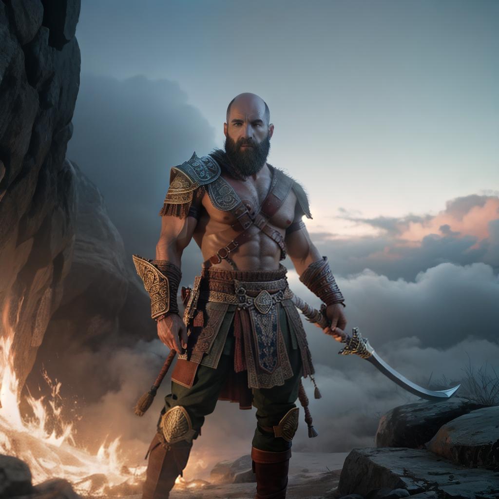  God of war hyperrealistic, full body, detailed clothing, highly detailed, cinematic lighting, stunningly beautiful, intricate, sharp focus, f/1. 8, 85mm, (centered image composition), (professionally color graded), ((bright soft diffused light)), volumetric fog, trending on instagram, trending on tumblr, HDR 4K, 8K