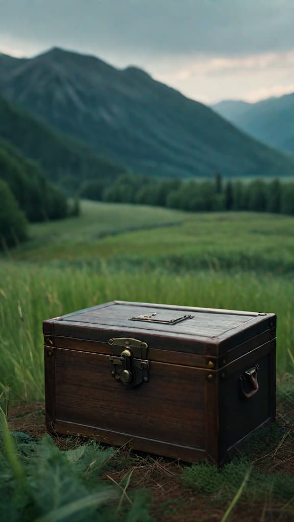  [The camera pans across a serene landscape, capturing the beauty of a lush, verdant meadow. In the center of the frame, a small, wooden box sits on the ground, its surface weathered and worn. The box appears to be the focal point of the scene, drawing the viewer's attention. The camera lingers on the box, inviting the viewer to ponder its contents and the story it might hold.] hyperrealistic, full body, detailed clothing, highly detailed, cinematic lighting, stunningly beautiful, intricate, sharp focus, f/1. 8, 85mm, (centered image composition), (professionally color graded), ((bright soft diffused light)), volumetric fog, trending on instagram, trending on tumblr, HDR 4K, 8K