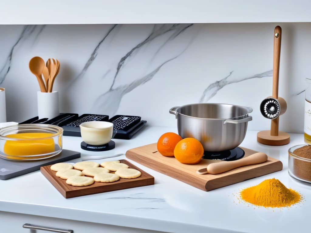  An ultradetailed, 8k resolution image of a sleek, modern kitchen with a pristine marble countertop showcasing an array of advanced pastry tools neatly arranged. The tools include a precision digital kitchen scale, a highquality stand mixer with various attachments, a professionalgrade piping bag with decorative tips, a set of premium silicone spatulas, a blowtorch for caramelizing, a selection of stainless steel cookie cutters, and an elegant marble rolling pin. Each tool is strategically placed to highlight its importance in a minimalist, yet visually striking composition. The soft, natural lighting enhances the luxurious feel of the kitchen setting, making it an ideal visual representation for the article on essential advanced pastry tool hyperrealistic, full body, detailed clothing, highly detailed, cinematic lighting, stunningly beautiful, intricate, sharp focus, f/1. 8, 85mm, (centered image composition), (professionally color graded), ((bright soft diffused light)), volumetric fog, trending on instagram, trending on tumblr, HDR 4K, 8K