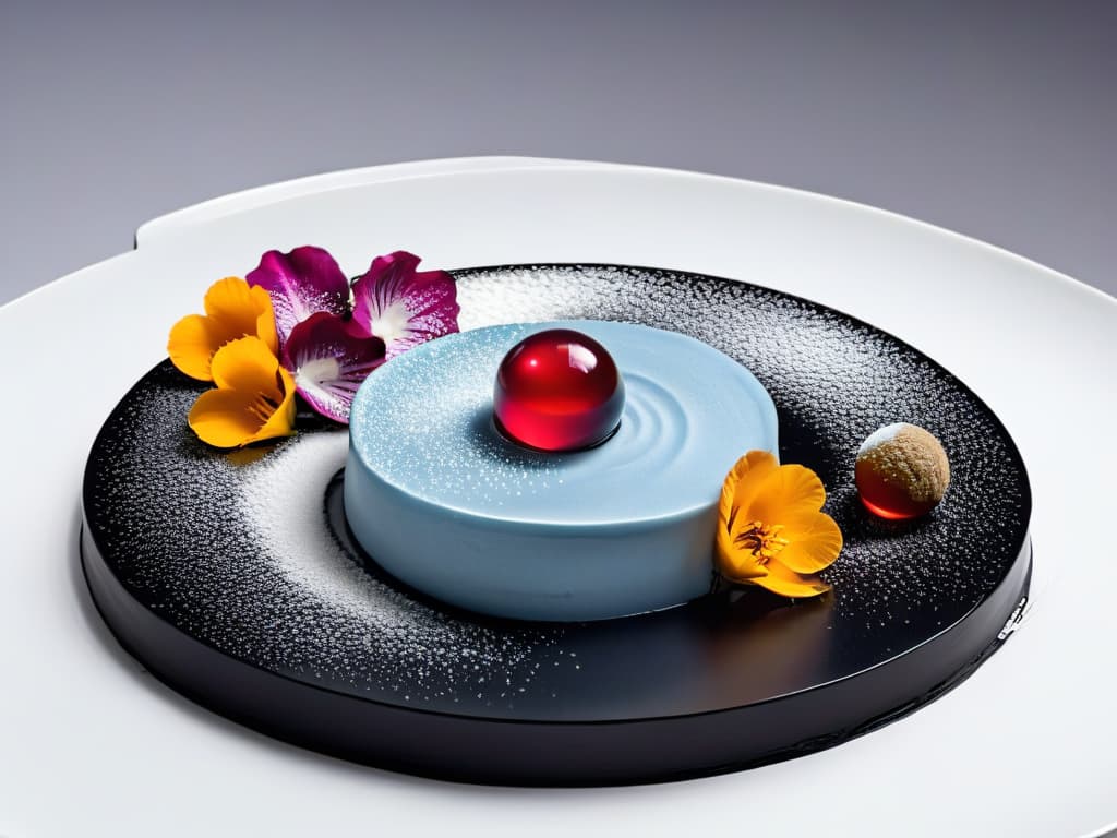  A minimalist and futuristic image of a molecular gastronomy dessert being delicately plated, showcasing intricate details of colorful spheres, gel textures, and edible flowers arranged with precision on a sleek black plate. The focus is on the avantgarde presentation of the dessert, highlighting the artistic and scientific approach of molecular pastry creation. hyperrealistic, full body, detailed clothing, highly detailed, cinematic lighting, stunningly beautiful, intricate, sharp focus, f/1. 8, 85mm, (centered image composition), (professionally color graded), ((bright soft diffused light)), volumetric fog, trending on instagram, trending on tumblr, HDR 4K, 8K