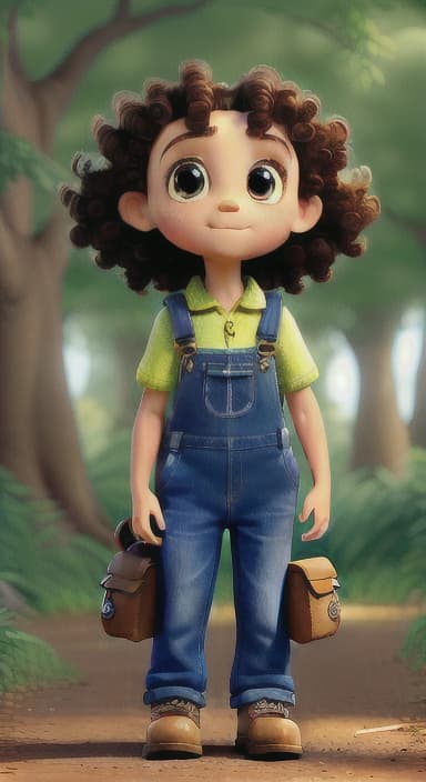  {The tree with a twinkling eye, while its leaves gently rustle., Riley, a curious with big brown eyes and curly hair, wearing overalls and carrying a small backpack. Their friend, Skye, a bluebird with shiny feathers.