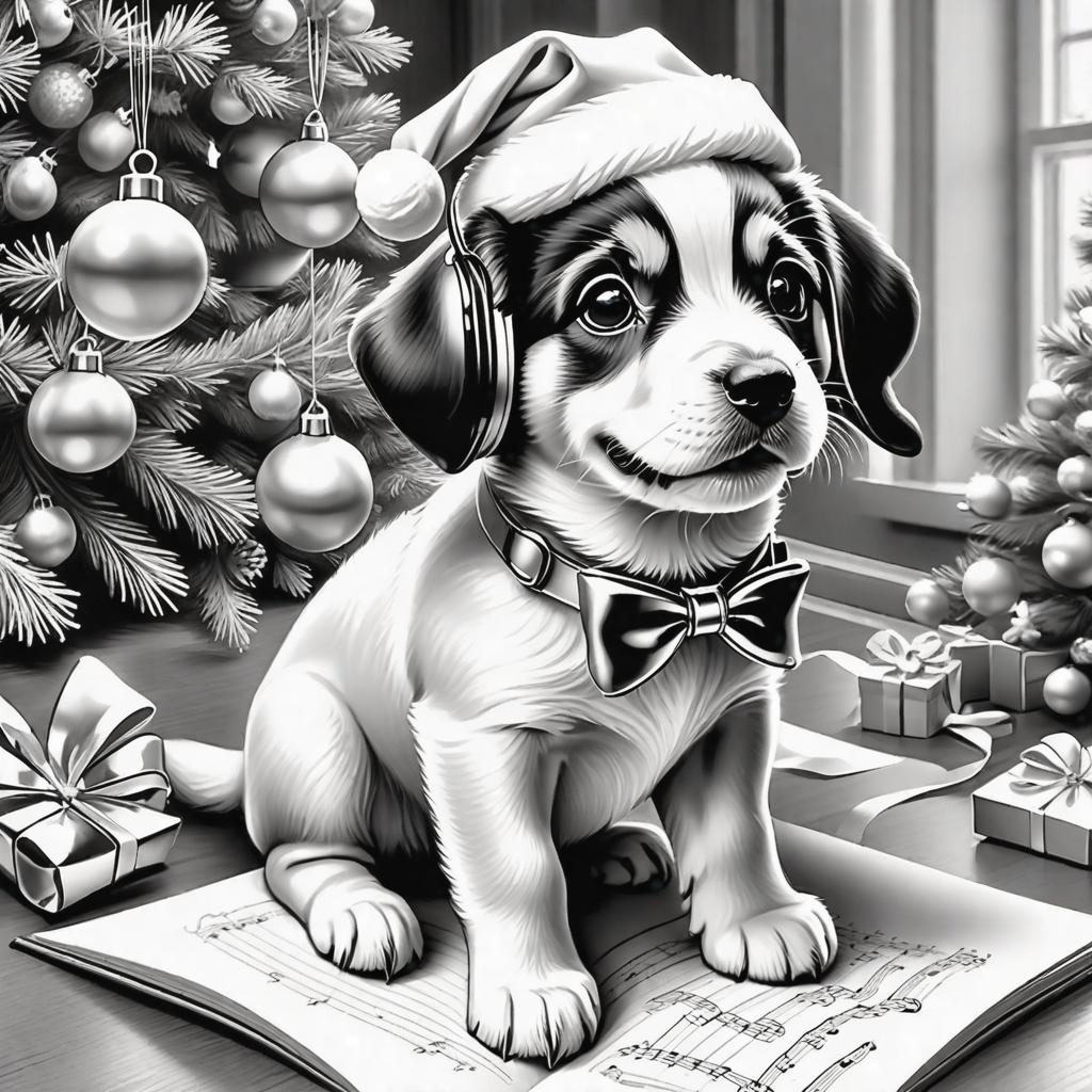  black outlined coloring book puppy singing christmas bells santa happy friends family,pencil drawing,outlined,low details hyperrealistic, full body, detailed clothing, highly detailed, cinematic lighting, stunningly beautiful, intricate, sharp focus, f/1. 8, 85mm, (centered image composition), (professionally color graded), ((bright soft diffused light)), volumetric fog, trending on instagram, trending on tumblr, HDR 4K, 8K
