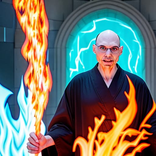  evil bald man in robes in front of a fiery portal