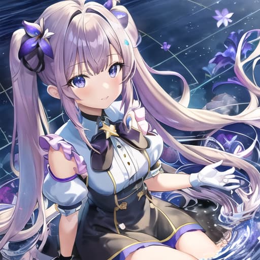  master piece , best quality,pretty, anime, pastel, neon, vtuber fullbody vtuber halfbody, kawaii Masterpiece, young woman, sitting down, parted lips, black eyes, fluffy curly hair, bangs, ahoge, light brown hair, rosy cheeks, short sleeve, black and purple dress, puffy sleeves, black gloves, purple ribbons, ((faded iris)), myceliumtech, scifi, Mycelia, spongy, PsychedelicMasterpiece, ((Faded iris)), flowers, smile, water effect, ahoge, looking up, upper view, yuki miku, very long blue hair, twintails, hair ornament, blue eyes, kawaii looking upupper viewhair ornament(masterpiece:1.2), (hires:1.2), (better hands:1.2), beautiful hands, perfect anatomy, holding star, 1boy, antenna hair, choker, white jacket, shoulder belt, collared shirt, ear 